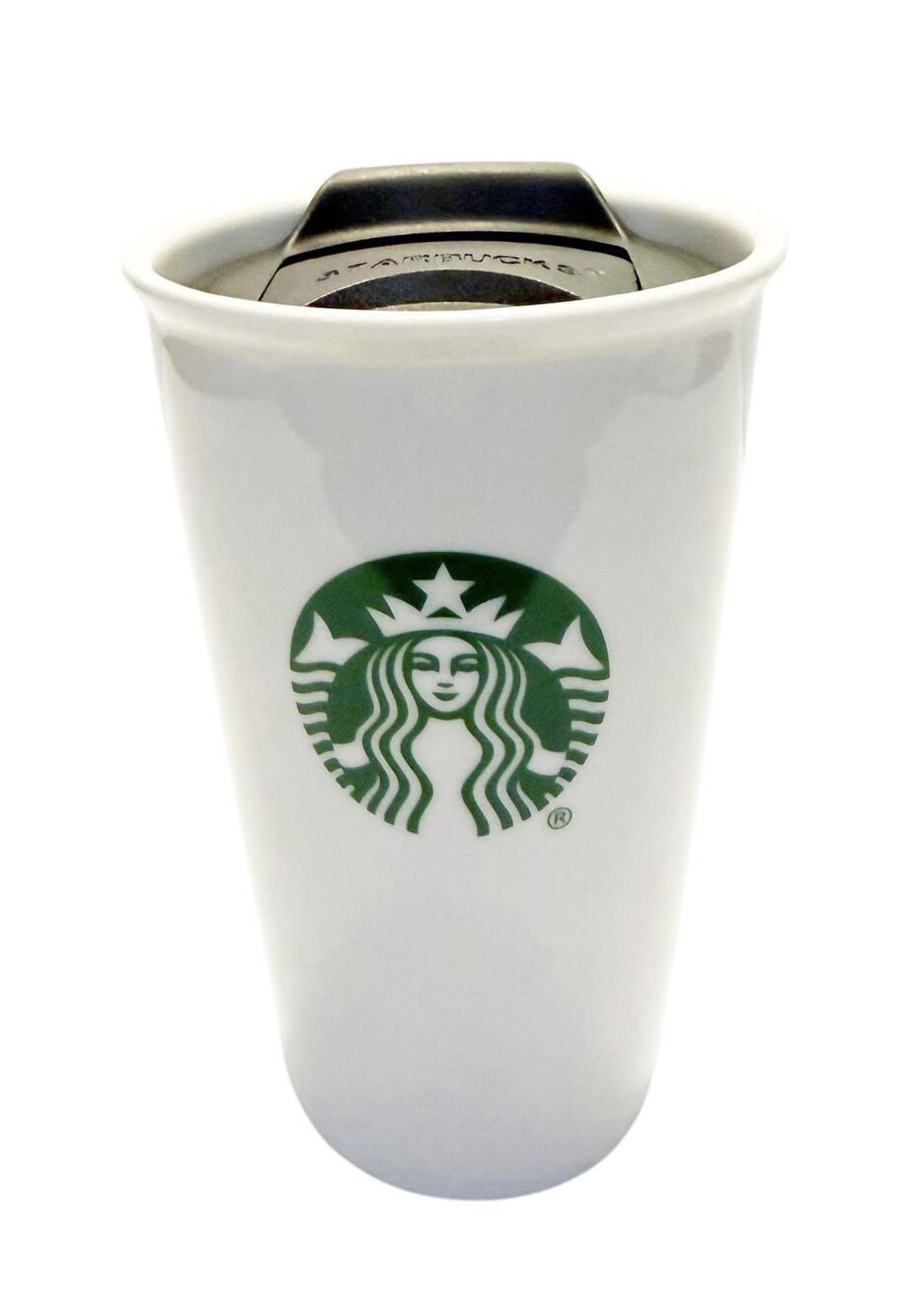 Starbucks Coffee White Ceramic Siren Logo Tall Travel Cup w/Sliding Black Lid